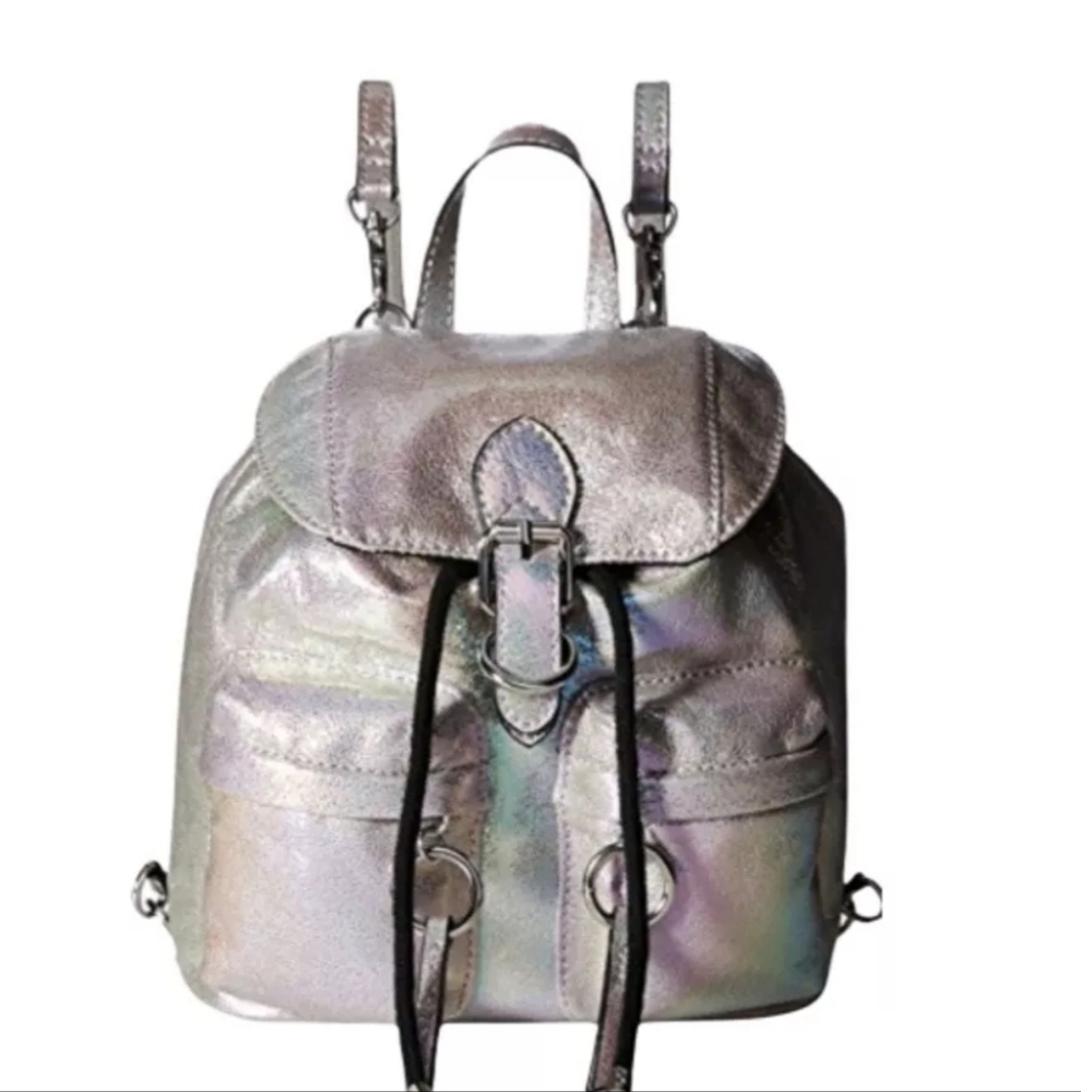 Aldo Mini Backpack Shiny Silver Faux Leather Bag 90s Rave Metallic Bag